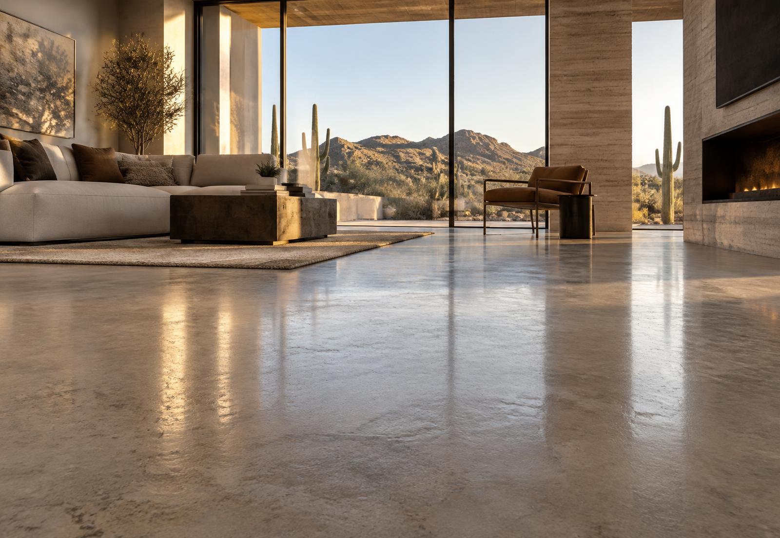Low view across a seamless stone-gray floor in a desert-modern living room at sunset