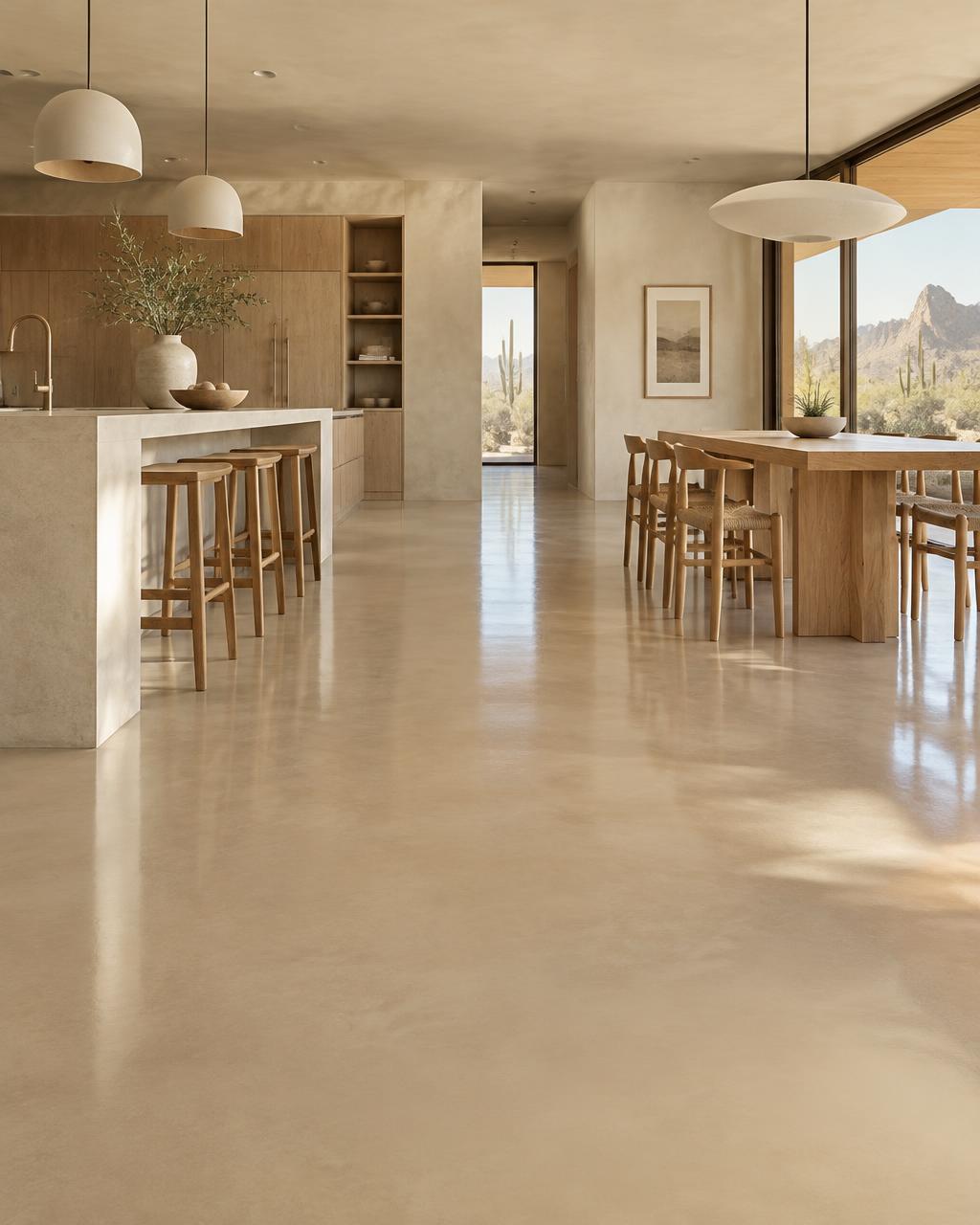 Kitchen with a seamless limestone-toned coated floor